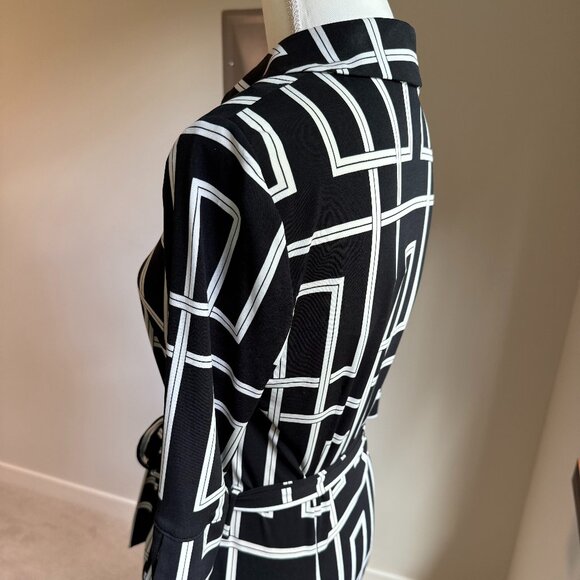 WHBM Black and White Geometric Button Down Matte Jersey Shirt Dress - Sz. 4 - Picture 4 of 16